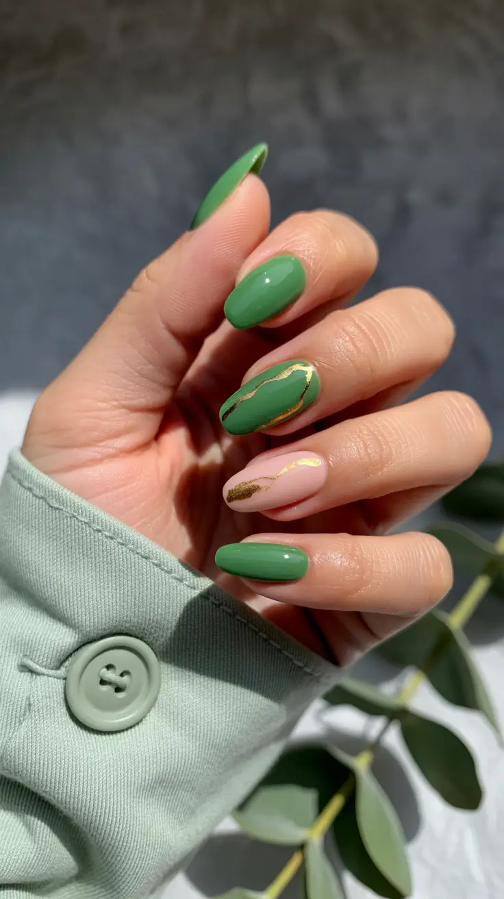 vacation nails trend 2026 Earthy Green Almond Nails with Gold Veining