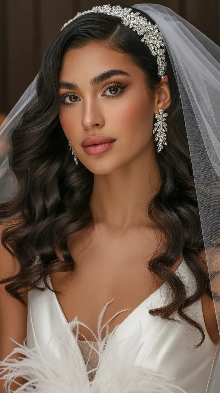Wedding hairstyles inspiration 2026 Voluminous Midnight Waves with Crystal Tiara and Veil