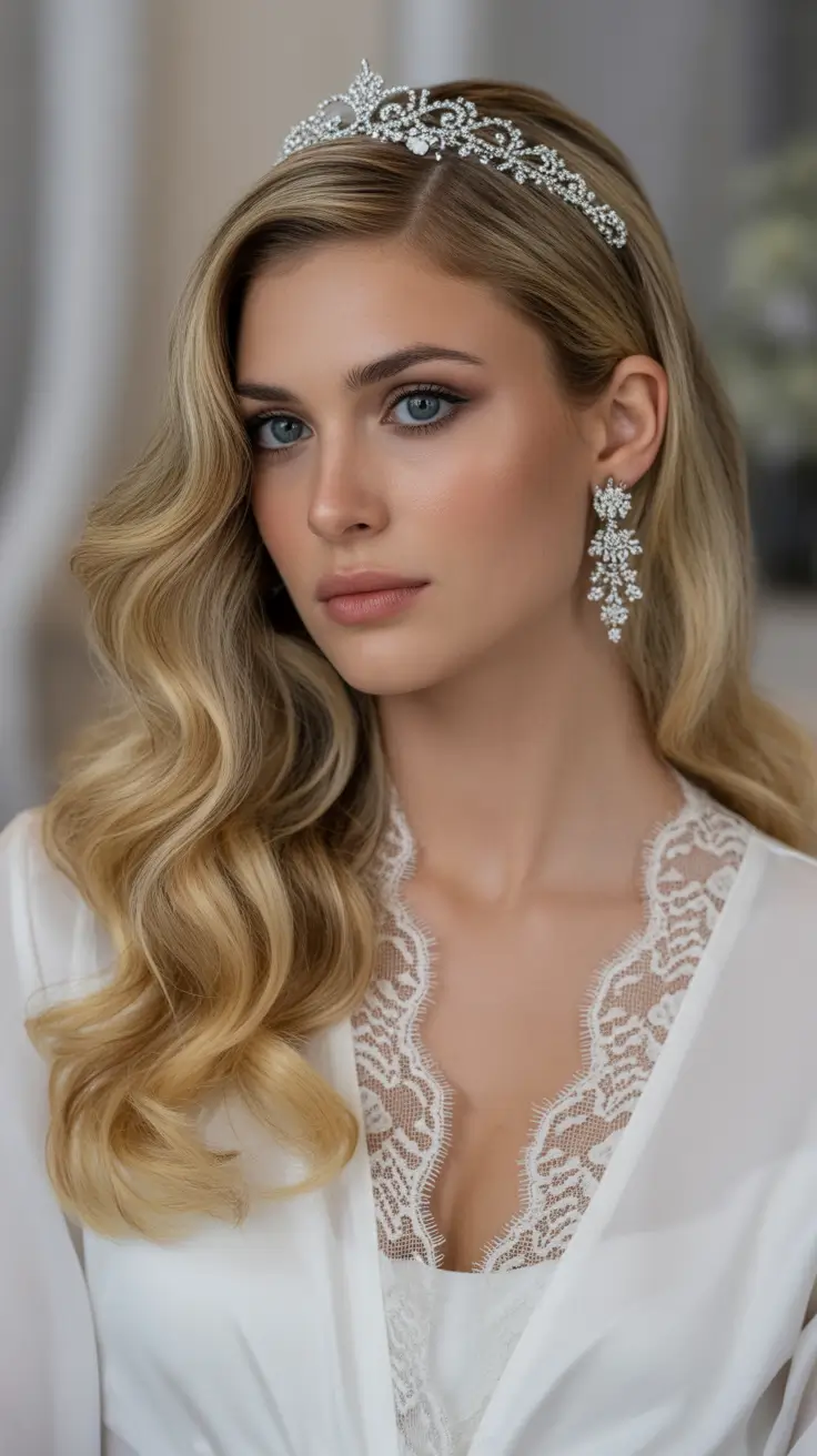 Wedding hairstyles inspiration 2026 Golden Hollywood Waves with a Crystal Tiara