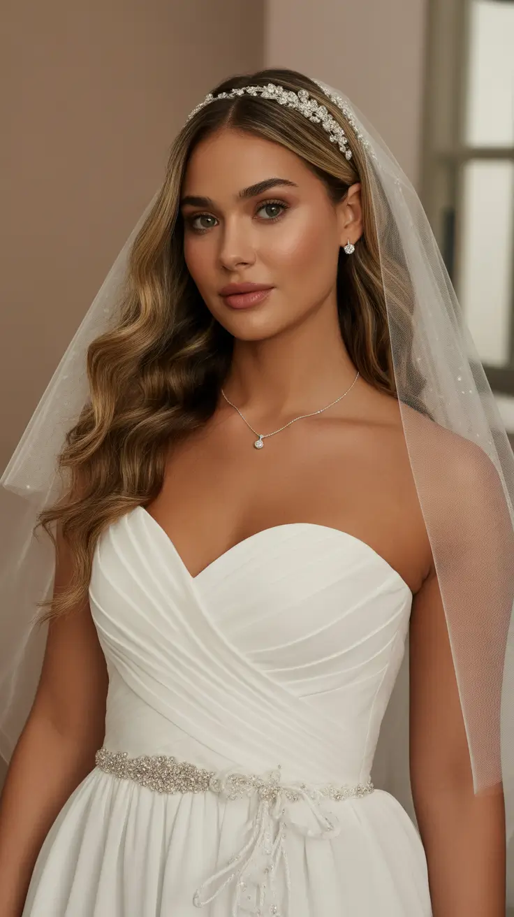 Wedding hairstyles inspiration 2026 Soft Waves with Veil and Crystal Headband