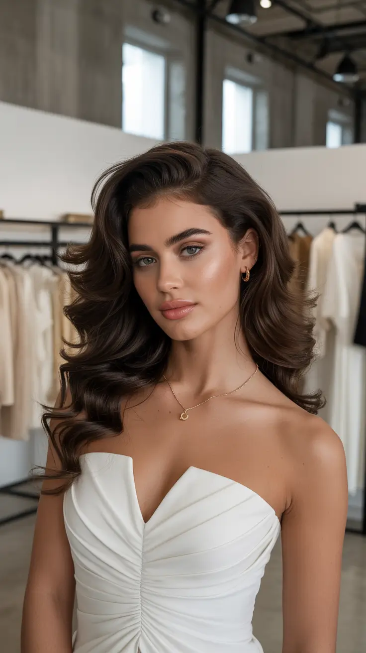 Wedding hairstyles inspiration 2026 Voluminous Brunette Waves with Sculpted Lift