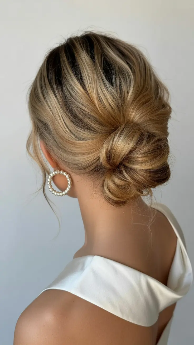 Wedding hairstyles inspiration 2026 Twisted Low Bun with Soft Blonde Dimension