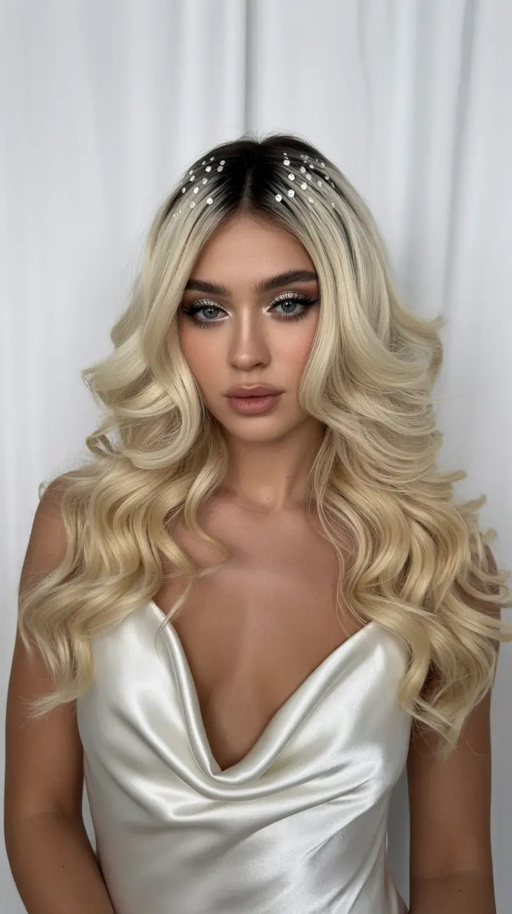 Wedding hairstyles inspiration 2026 Pearl Studded Platinum Waves