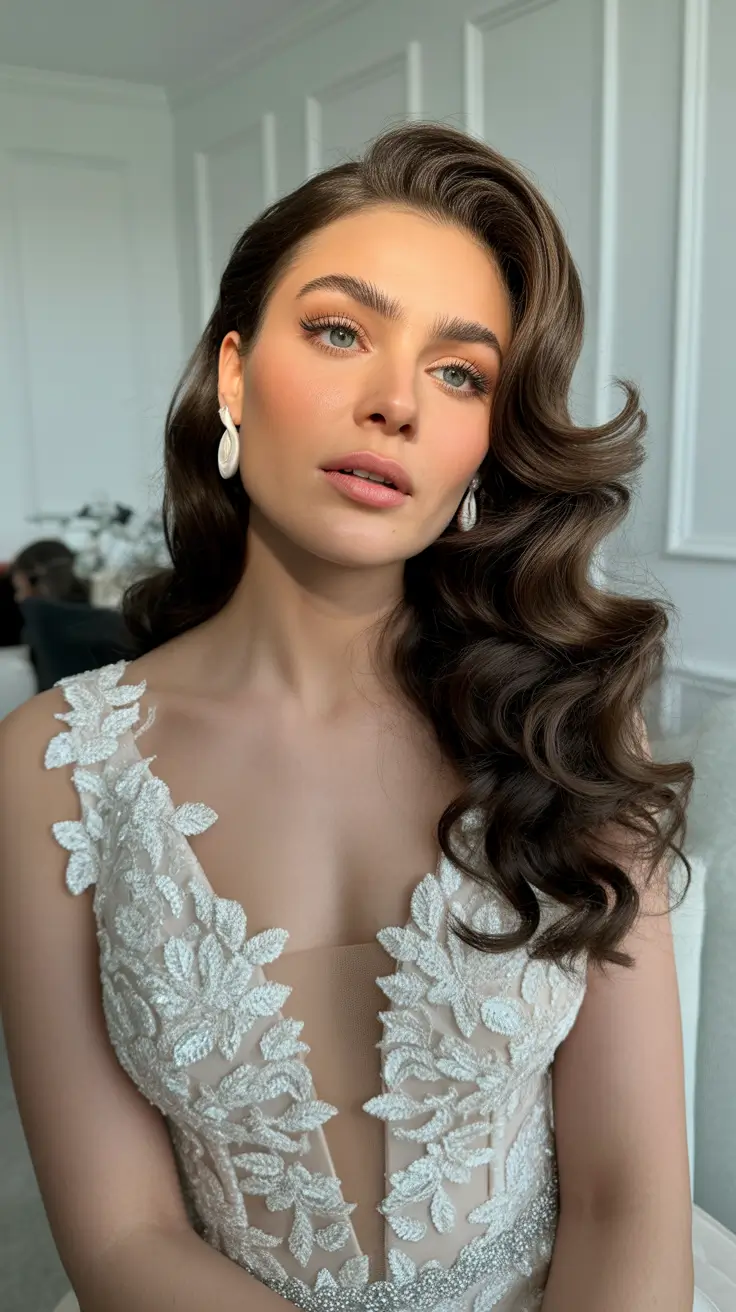 Wedding hairstyles inspiration 2026 Dimensional Brunette Glam Waves