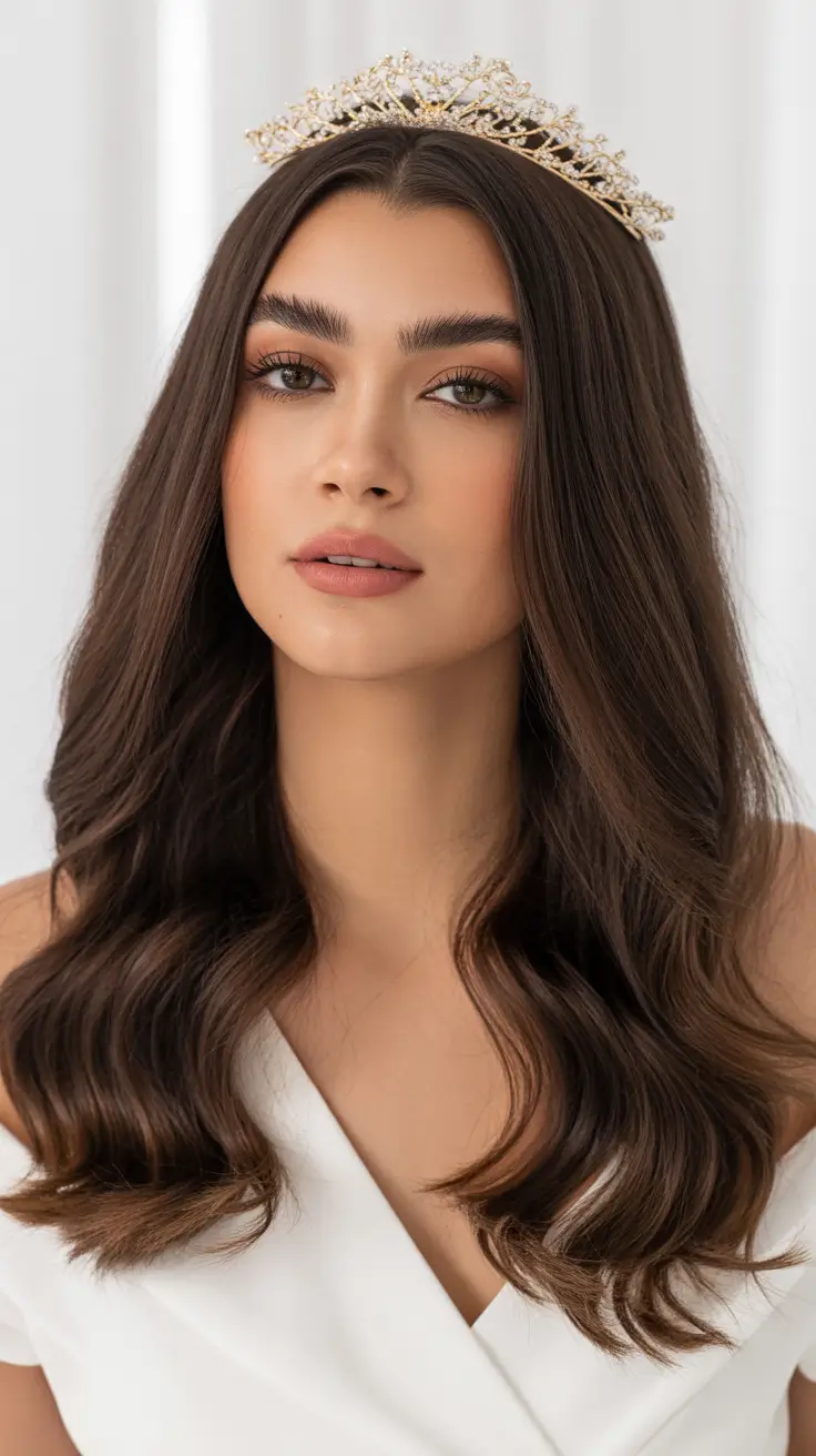 Wedding hairstyles inspiration 2026 Modern Brunette Waves with a Golden Crown