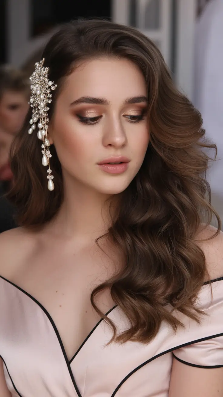 Wedding hairstyles inspiration 2026 Chocolate Ripple Waves with Ornate Pearl Sidepiece