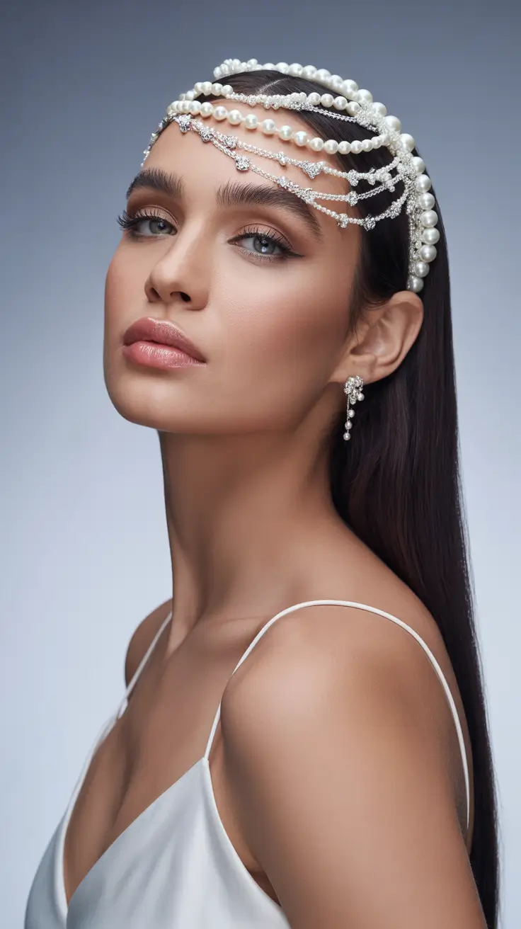 Wedding hairstyles inspiration 2026 Pearl Draped Sleek Hair with High Shine Finish