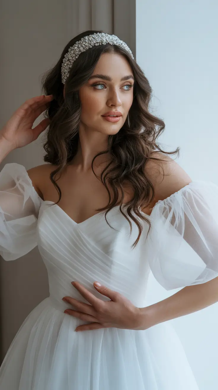 Wedding hairstyles inspiration 2026 Soft Romantic Waves with Embellished Satin Headband