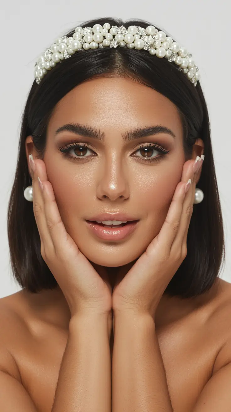 Wedding hairstyles inspiration 2026 Glass Sleek Bob with Pearl Headband