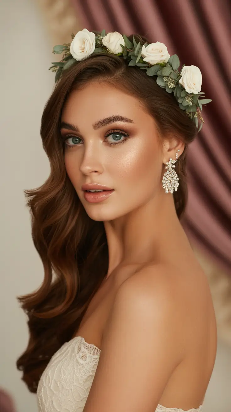 Wedding hairstyles inspiration 2026 Classic Hollywood Waves with a Floral Crown
