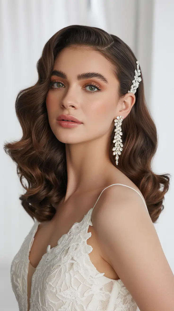 Wedding hairstyles inspiration 2026 Classic Sculpted Waves with Crystal Side Detail
