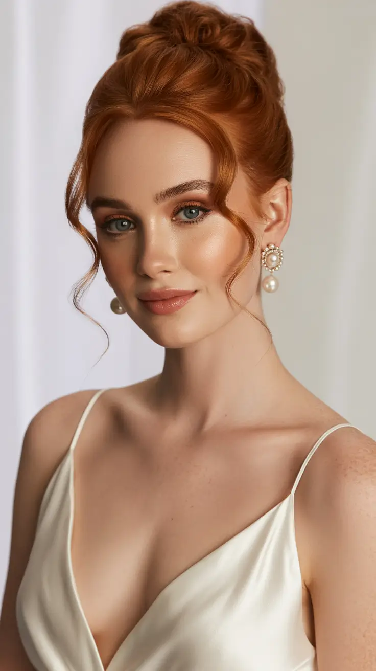 Wedding hairstyles inspiration 2026 Copper High Bun with Romantic Spiral Tendrils