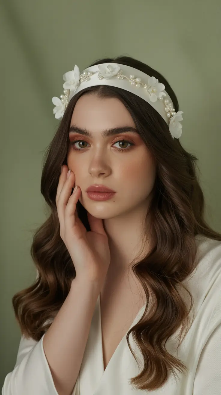 Wedding hairstyles inspiration 2026 Soft Vintage Waves with Floral Satin Headband