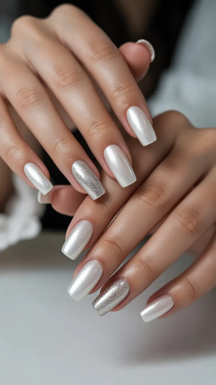 white nails inspiration 2026 Pearly Whites With a Single Glitter Accent for Subtle Contrast