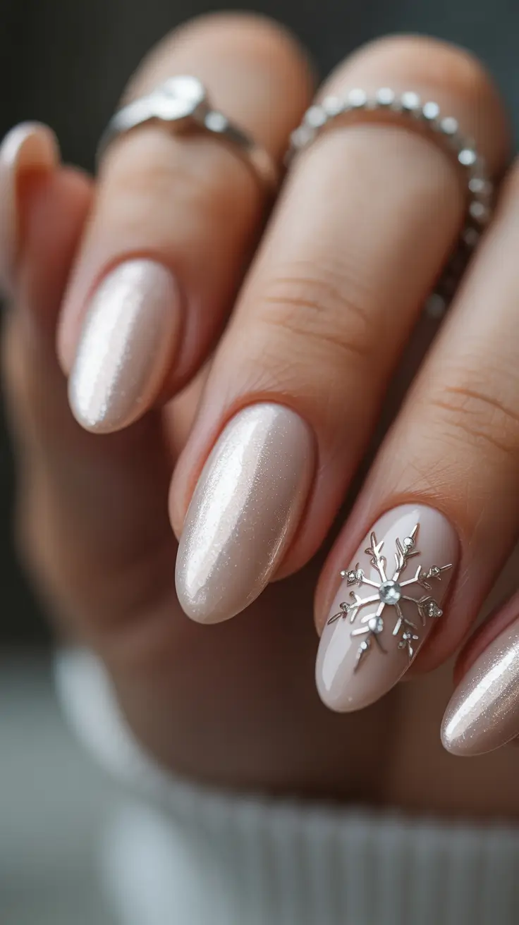 white nails inspiration 2026 Soft Champagne White Almonds With a Snowflake Accent