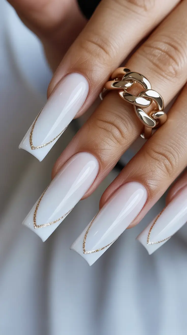 white nails inspiration 2026 Long Sculpted Whites With Gold V-Detailing
