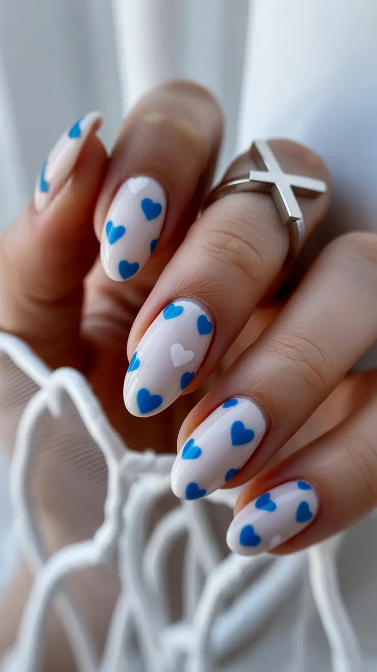 white nails inspiration 2026 Blue Hearts on Soft White for a Sweet, Playful Summer