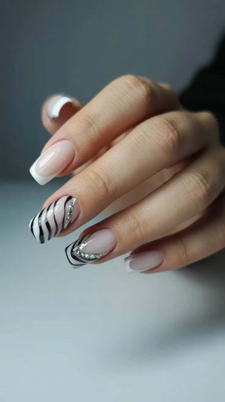 white nails inspiration 2026 Black-and-White Swirls With Crystal Detailing for a Chic Statement