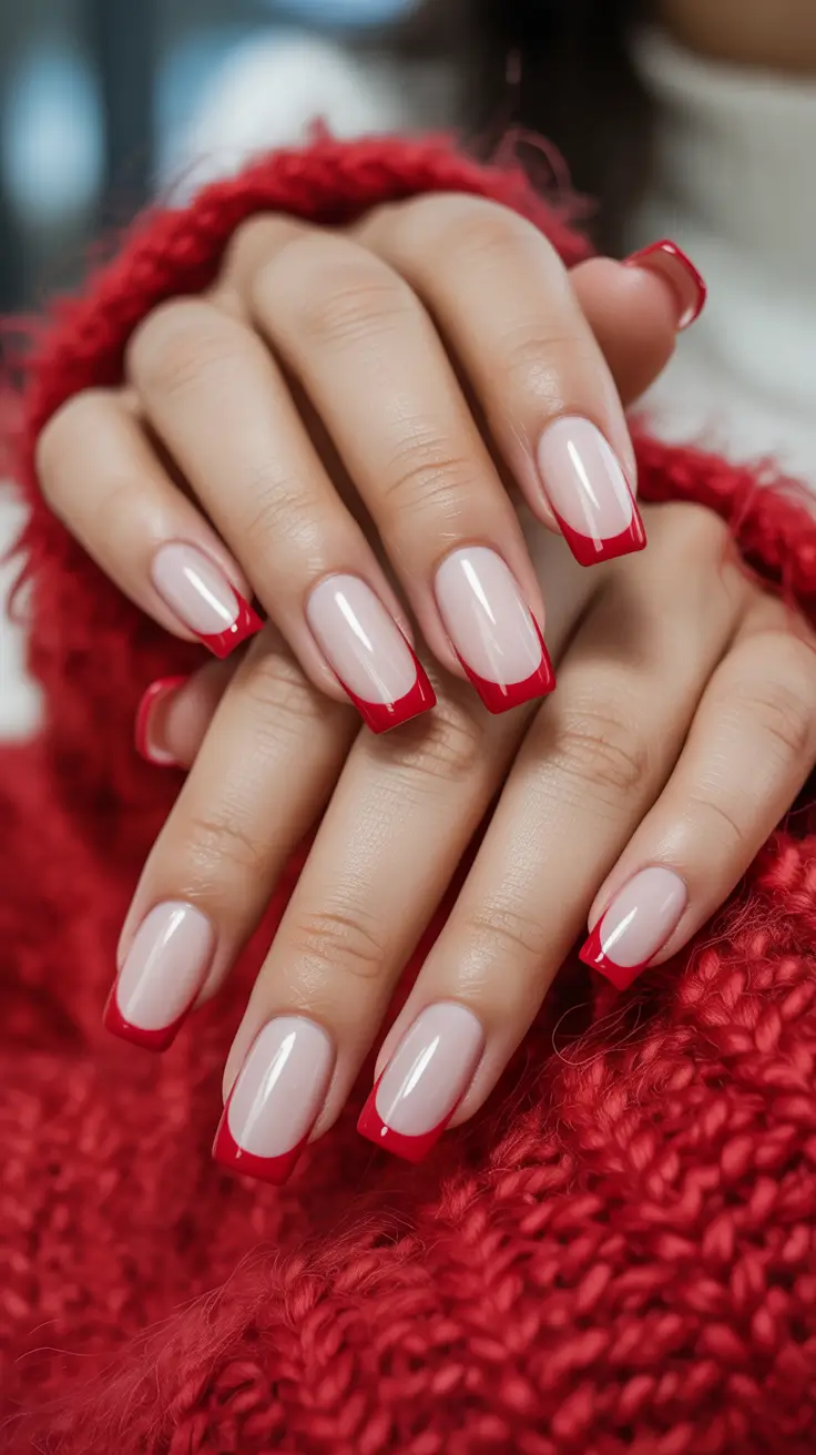 white nails inspiration 2026 Bold Red French Tips on a Soft White Base