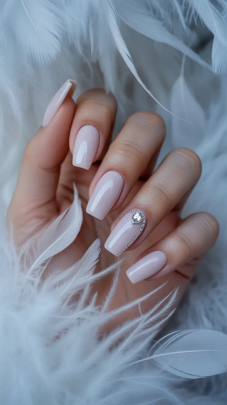 white nails inspiration 2026 Soft White Elegance With a Crystal Drop Accent
