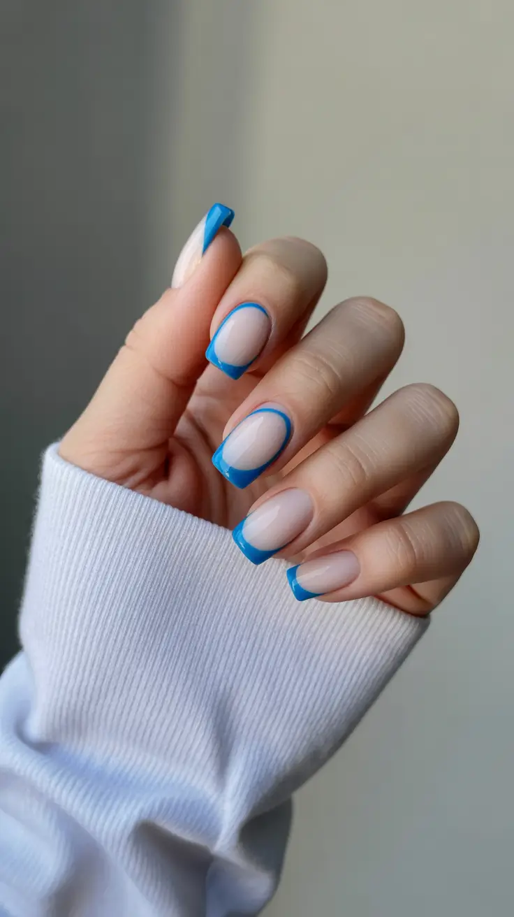 white nails inspiration 2026 Blue-Lined Modern French for a Fresh Summer Twist