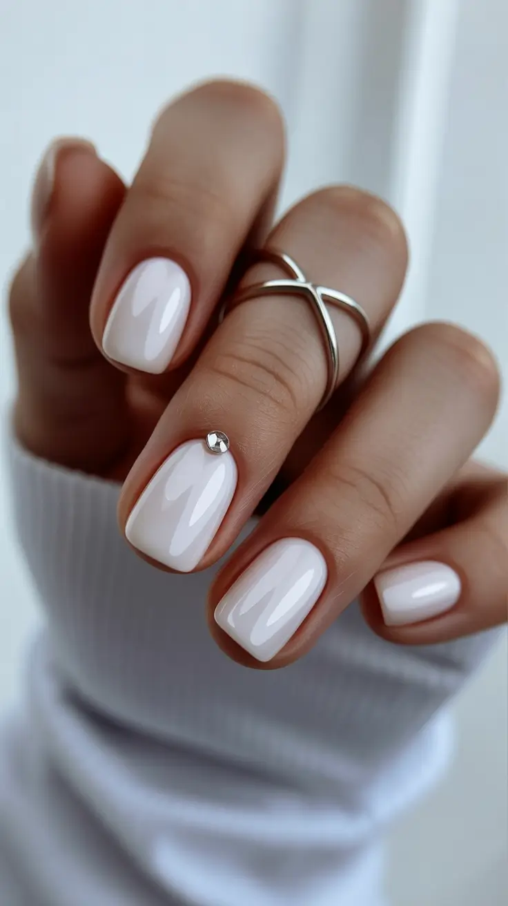 white nails inspiration 2026 Pearly Minimalism With a Tiny Accent Crystal