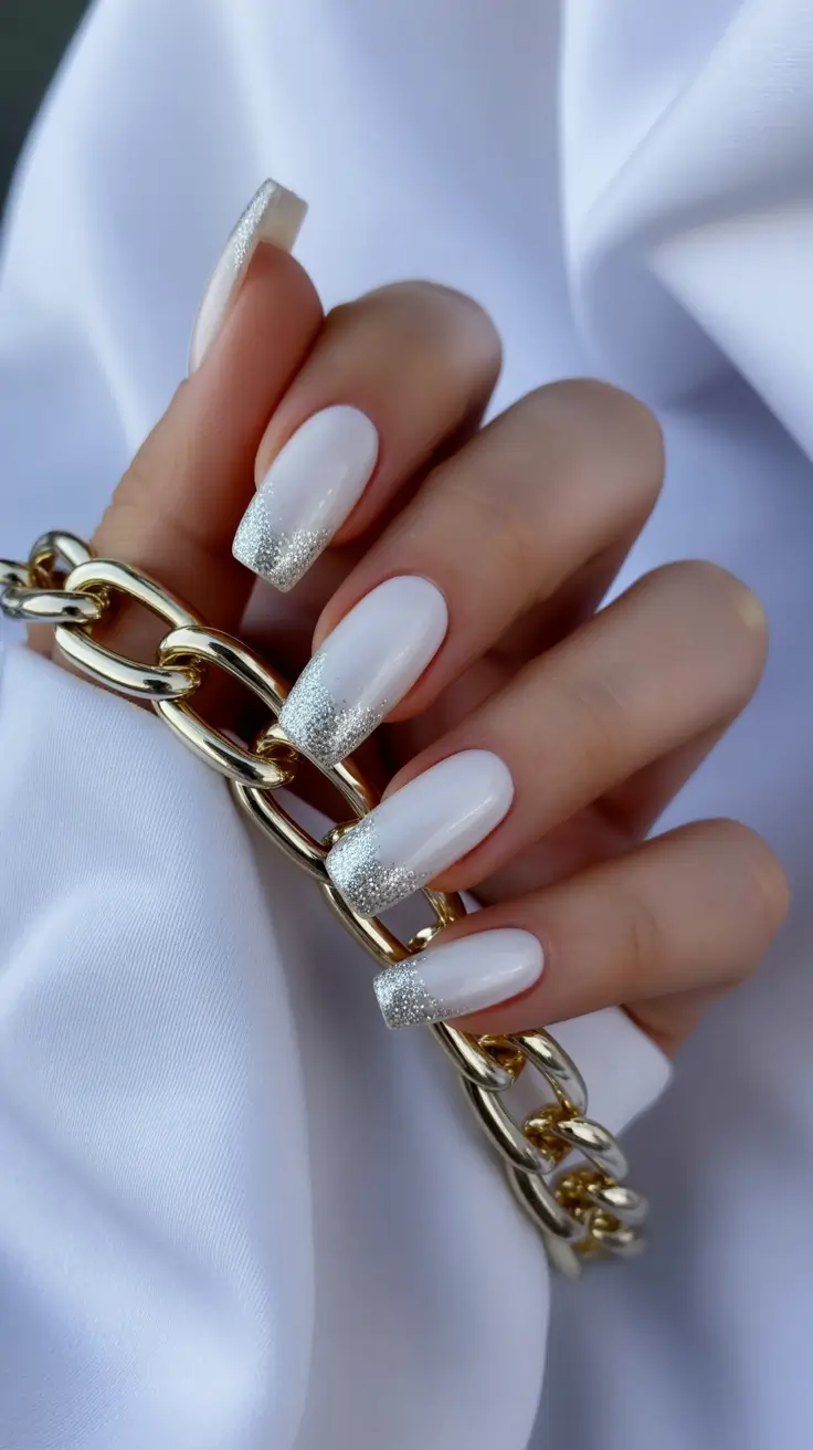 white nails inspiration 2026 Silver-Dusted Tips for a Chic Seasonal Sparkle