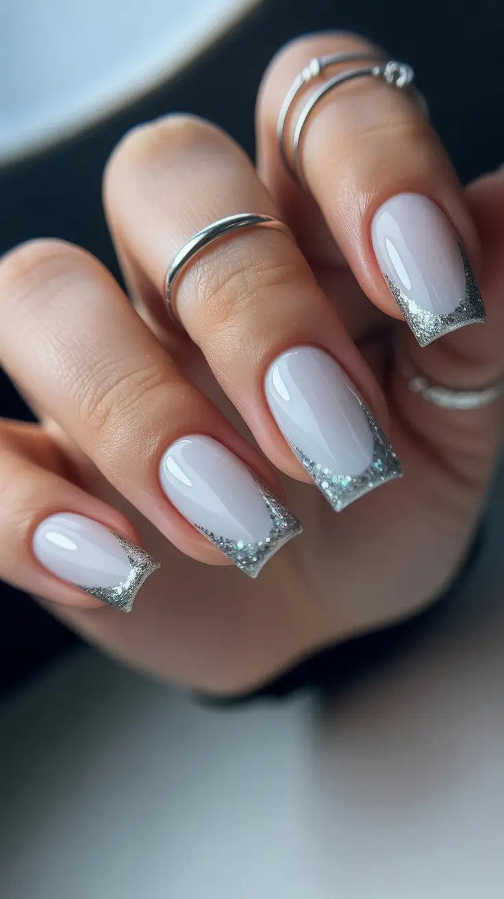 white nails inspiration 2026 Silver-Edged White Tips With a Cool 2026 Attitude