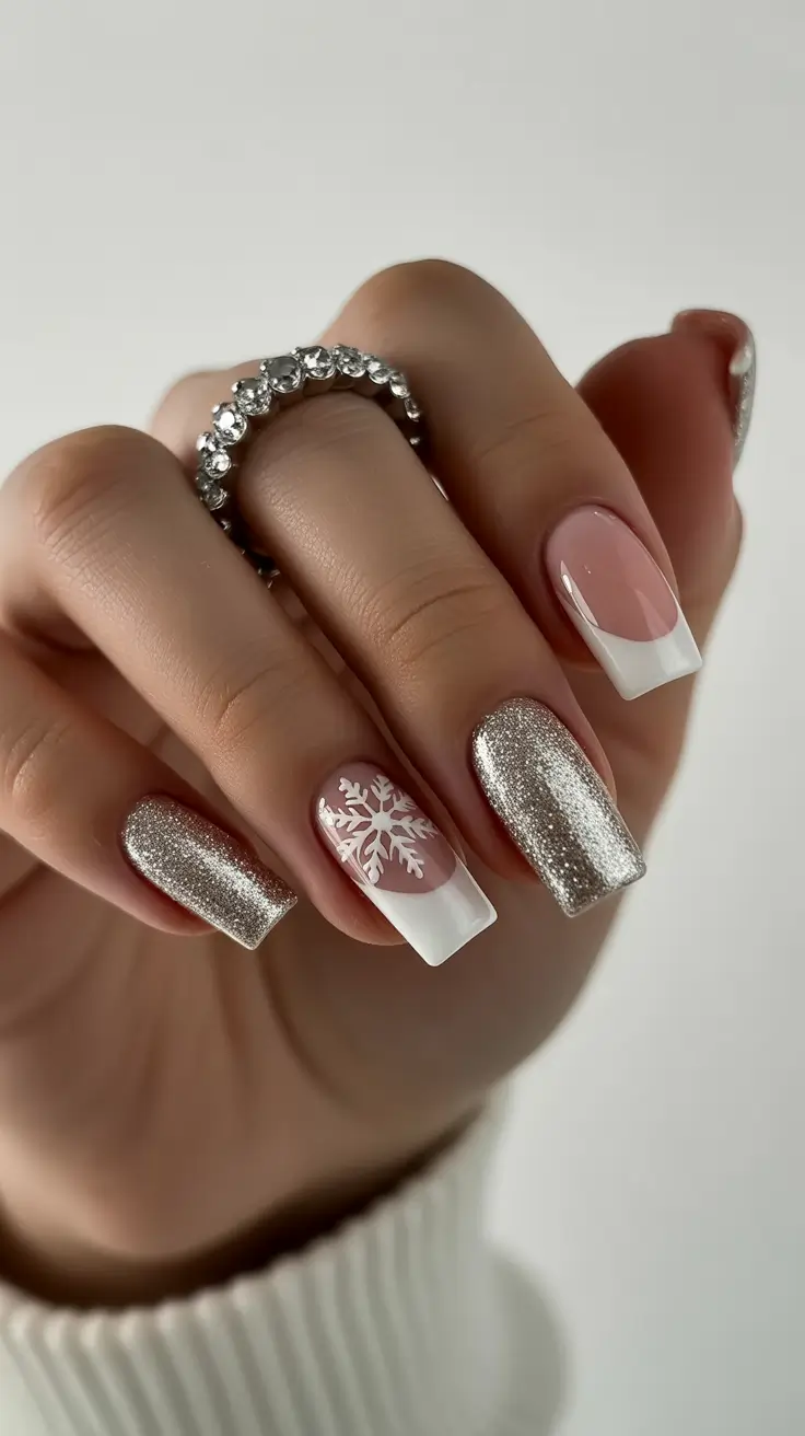 white nails inspiration 2026 Snowflake Charm and Glitter for a Frosted White Fantasy