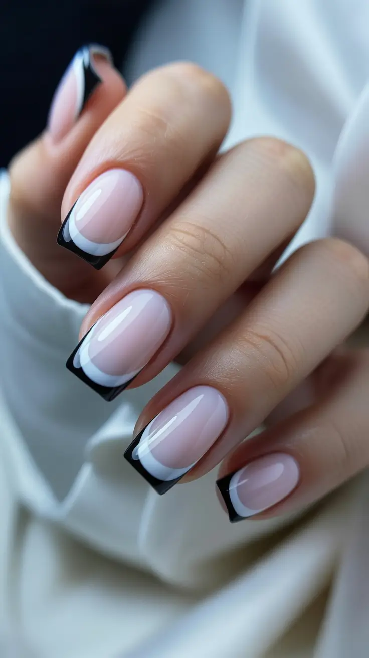 white nails inspiration 2026 Graphic Black-and-White French With a Minimalist Curve