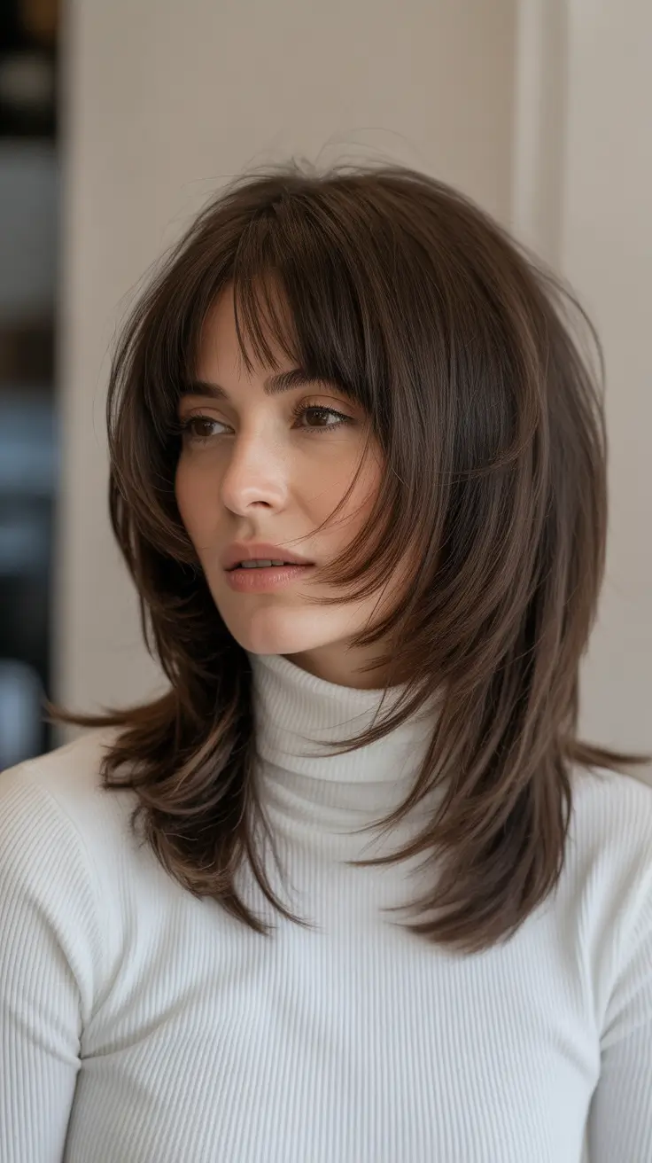 Women over 40 haircut inspiration 2026 Layered Mid-Length Cut with Wispy Bangs