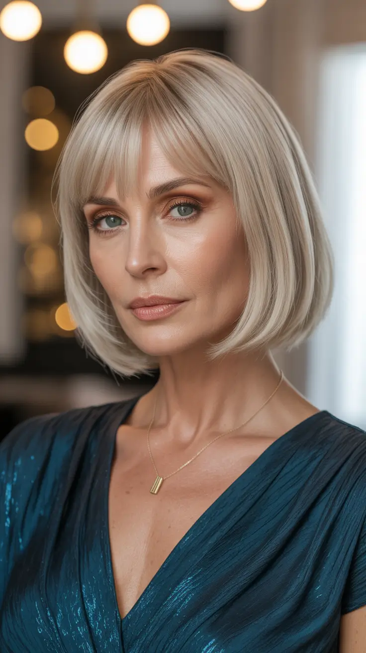 Women over 40 haircut inspiration 2026 Chic Platinum Bob with Blended Bangs