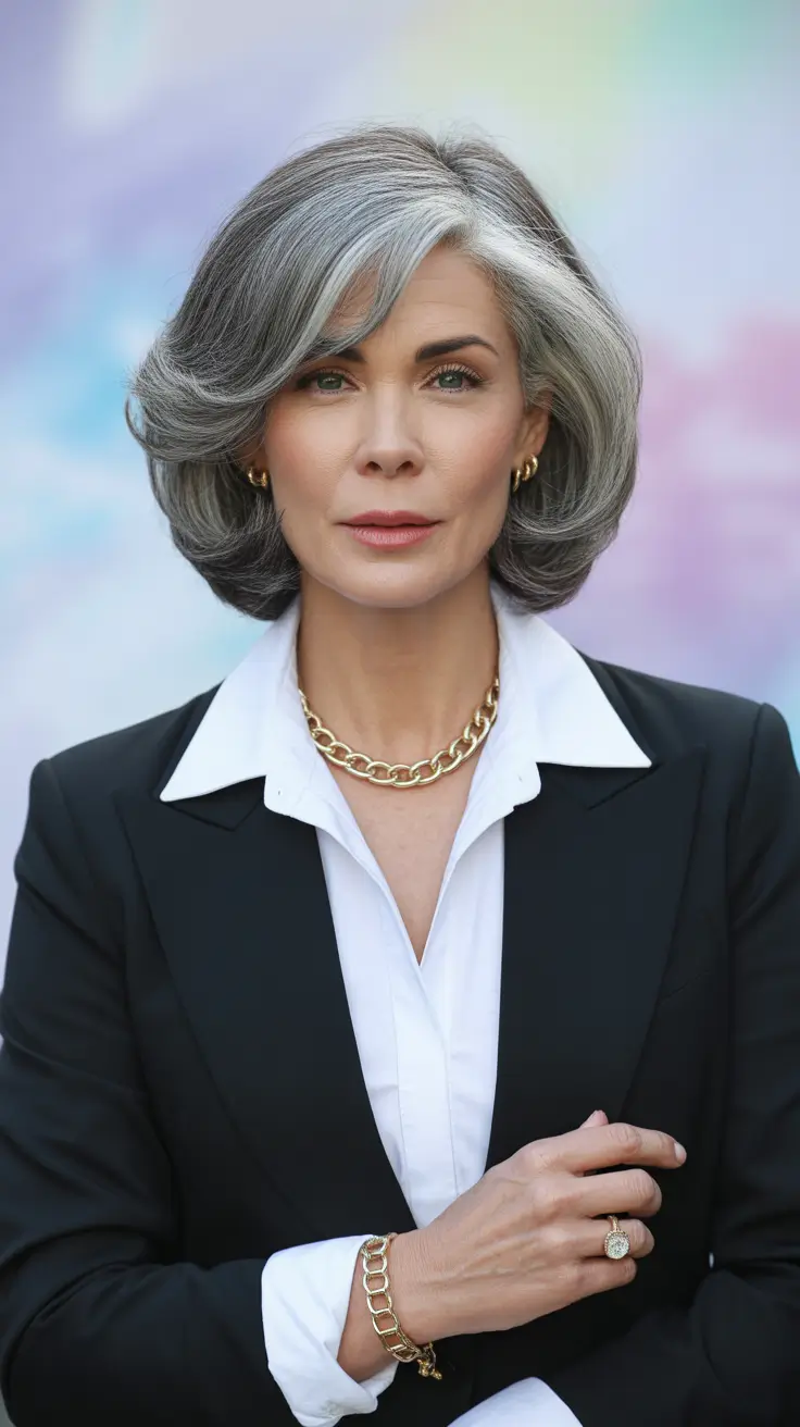 Women over 40 haircut inspiration 2026 Silver Layered Bob with Graceful Volume