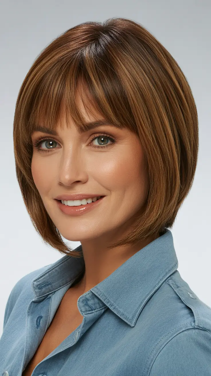 Women over 40 haircut inspiration 2026 Polished Bob with Feathered Bangs