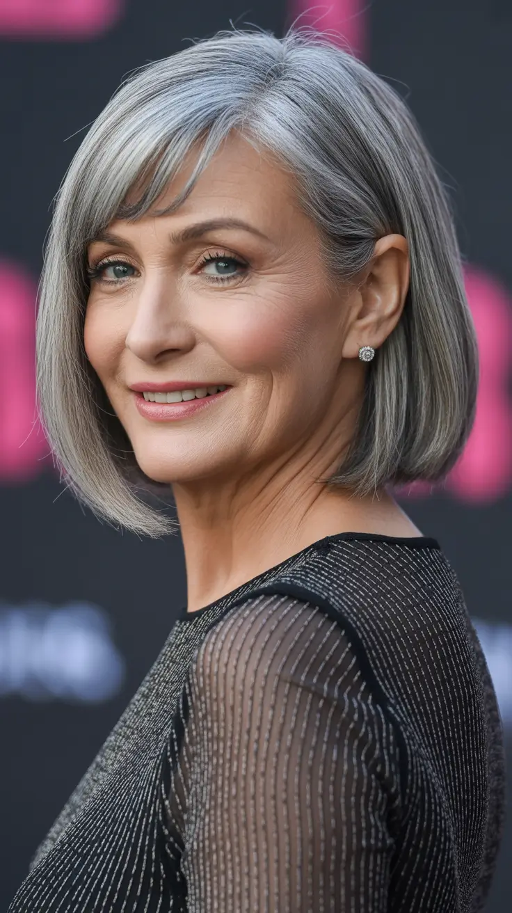 Women over 50 haircut inspiration 2026 Soft Silver Bob with Side Bangs