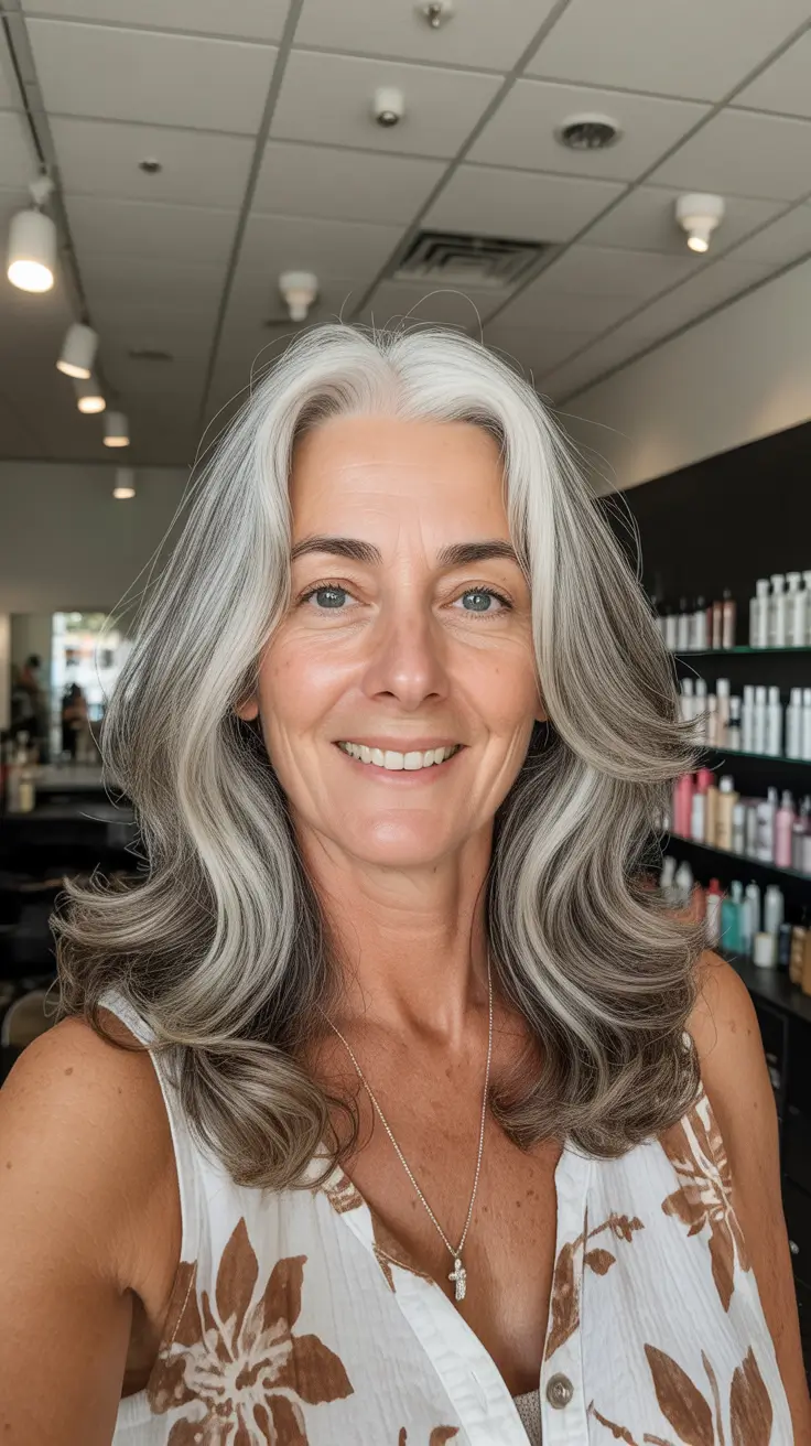 Women over 50 haircut inspiration 2026 Classic Salt-and-Pepper Blowout with Modern Volume