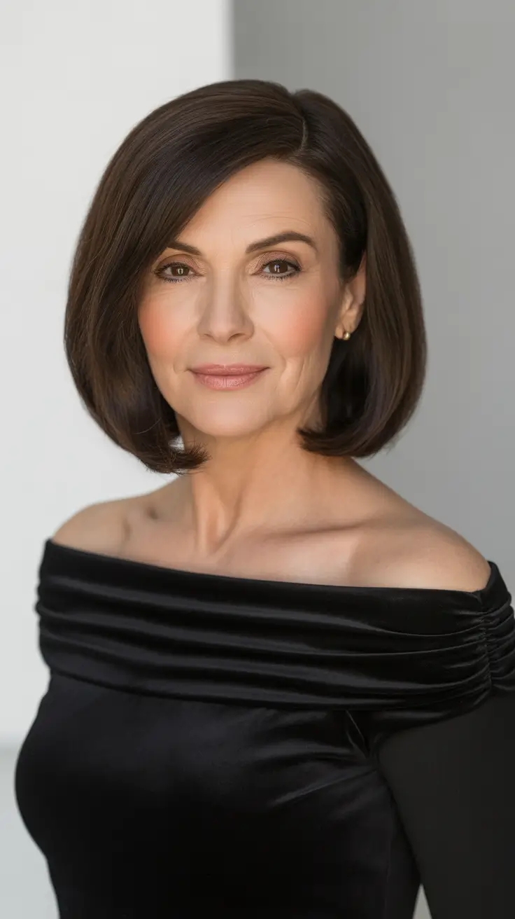 Women over 50 haircut inspiration 2026 Glossy Chestnut Bob with Tucked Ends