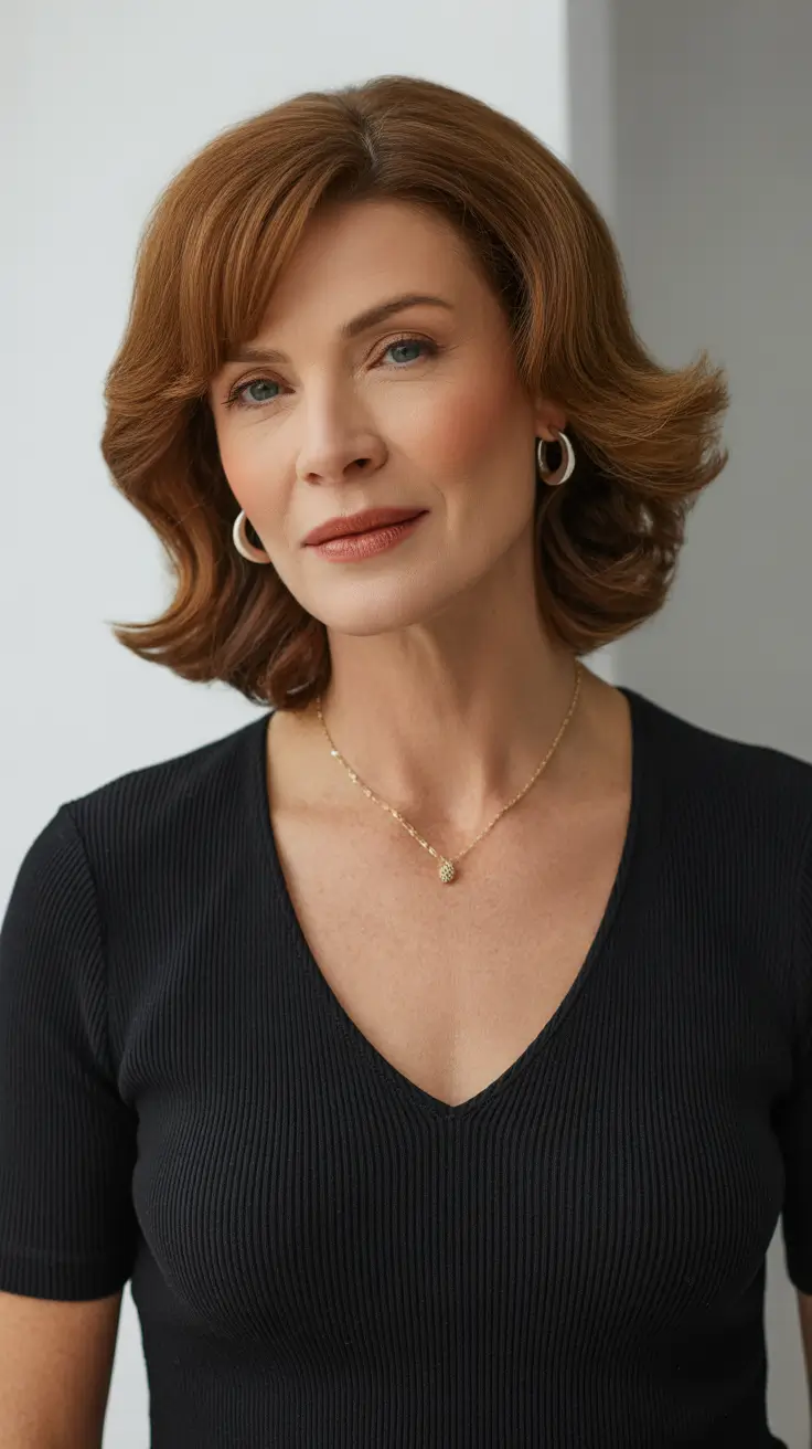 Women over 50 haircut inspiration 2026 Retro Flip Medium Cut with Copper Warmth