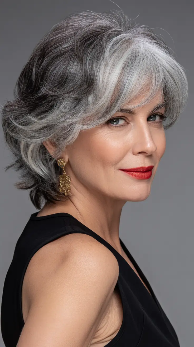 Women over 50 haircut inspiration 2026 Silver Layered Shag with Fringe