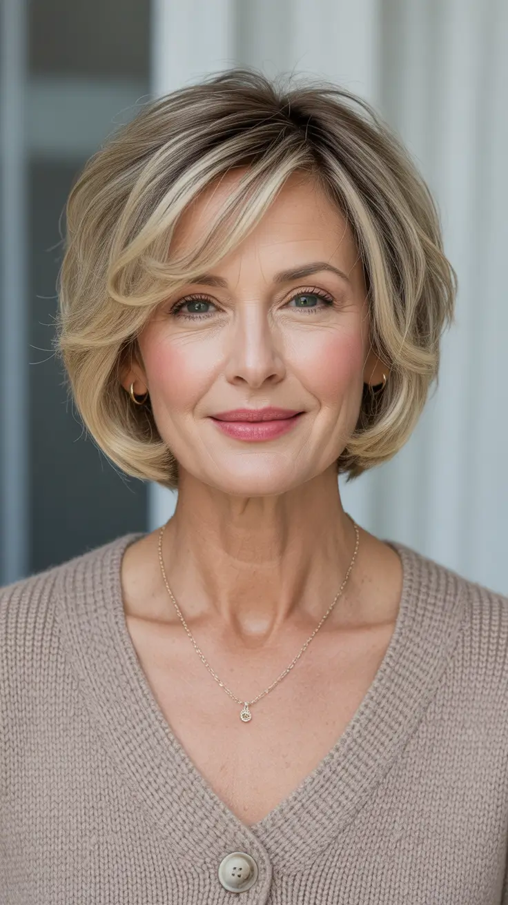 Women over 50 haircut inspiration 2026 Soft Blonde Short Bob with Side Bangs