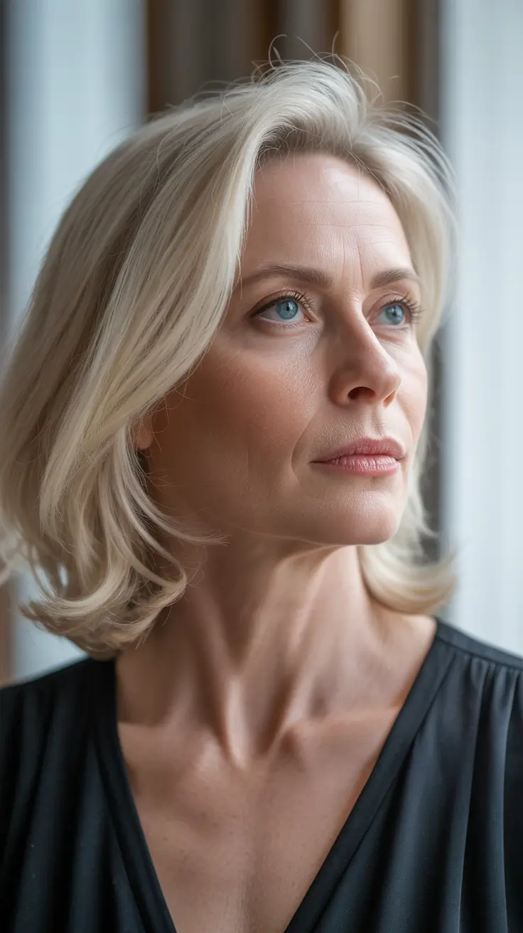 Women over 50 haircut inspiration 2026 Airy Blonde Medium Bob with Curtain Movement