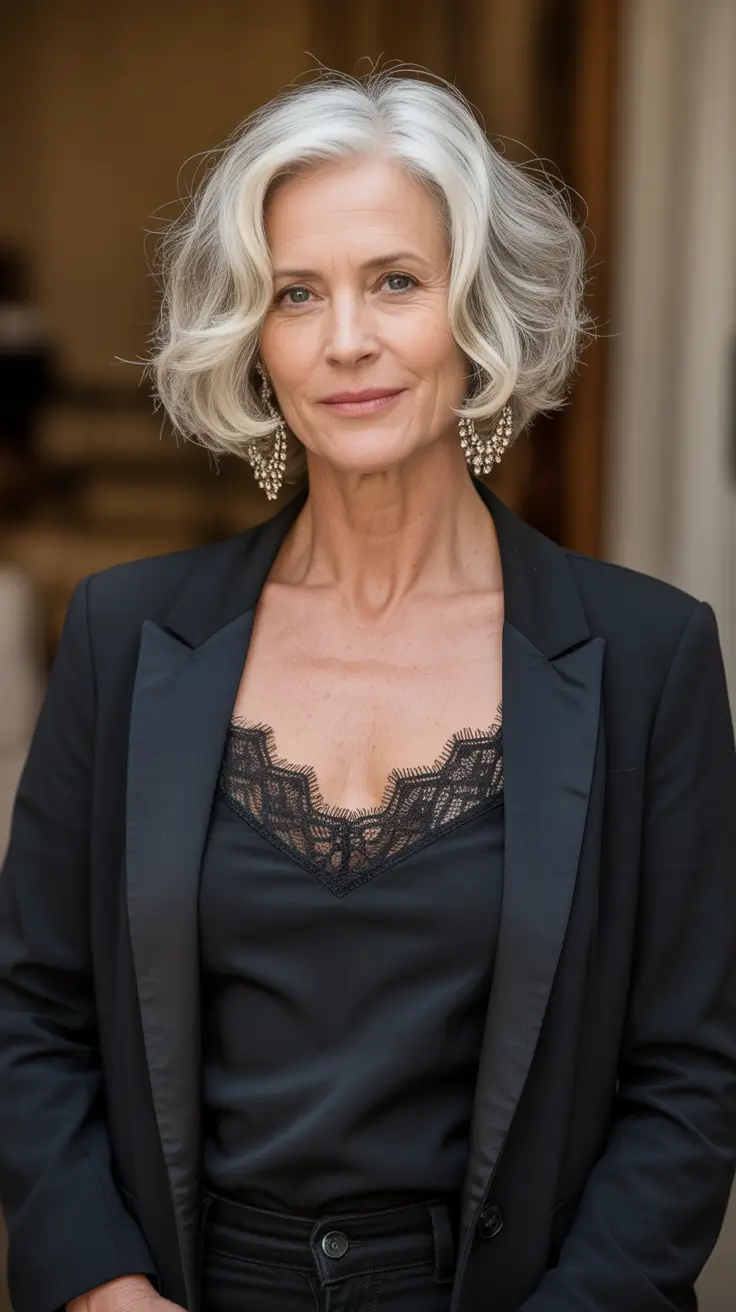 Women over 50 haircut inspiration 2026 Soft Wavy Bob with Silver Highlights