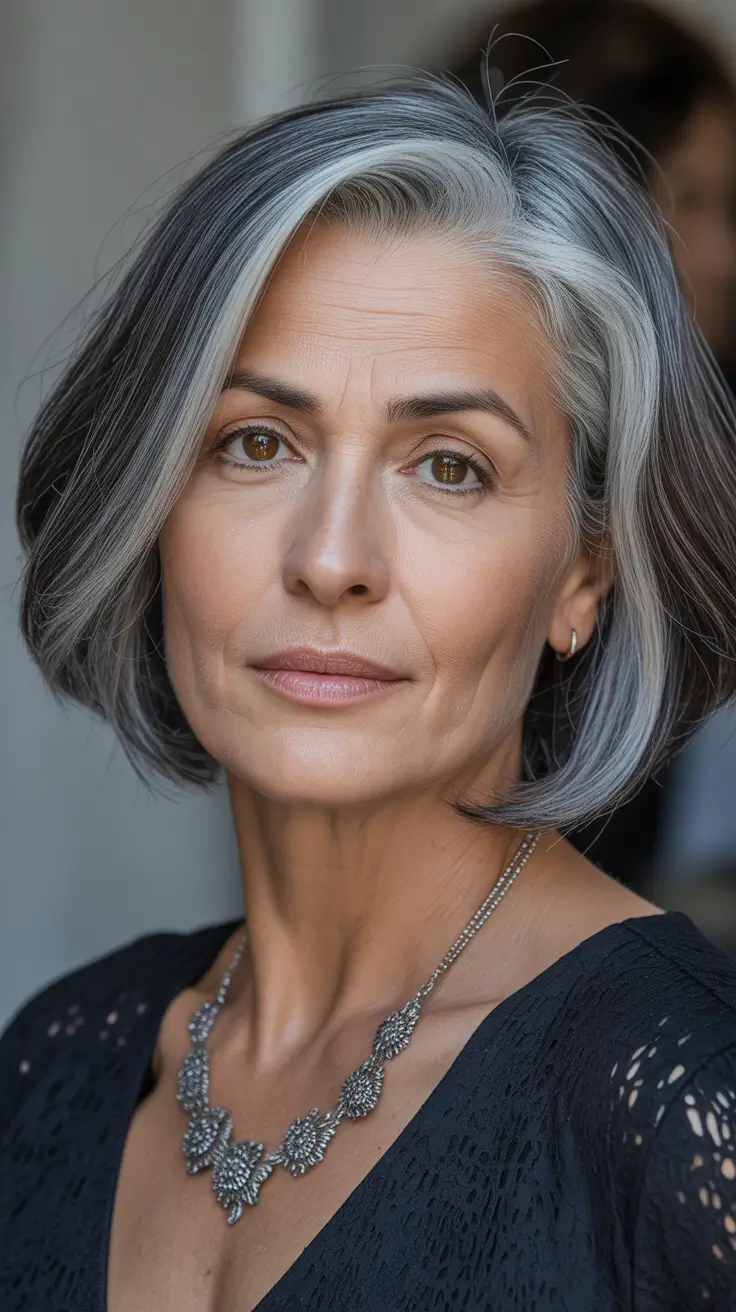 Women over 50 haircut inspiration 2026 Elegant Silver Contour Bob