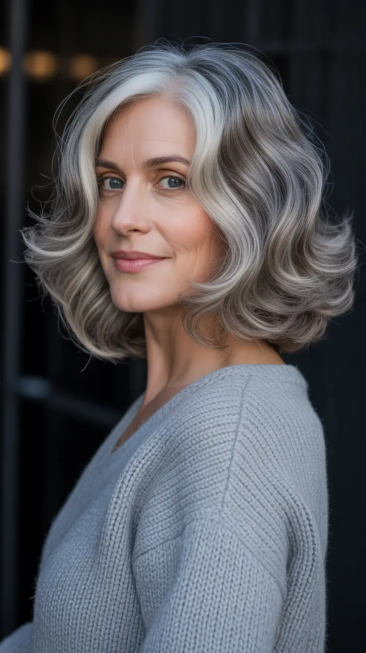 Women over 50 haircut inspiration 2026 Softly Curled Medium Shag with Silver Depth