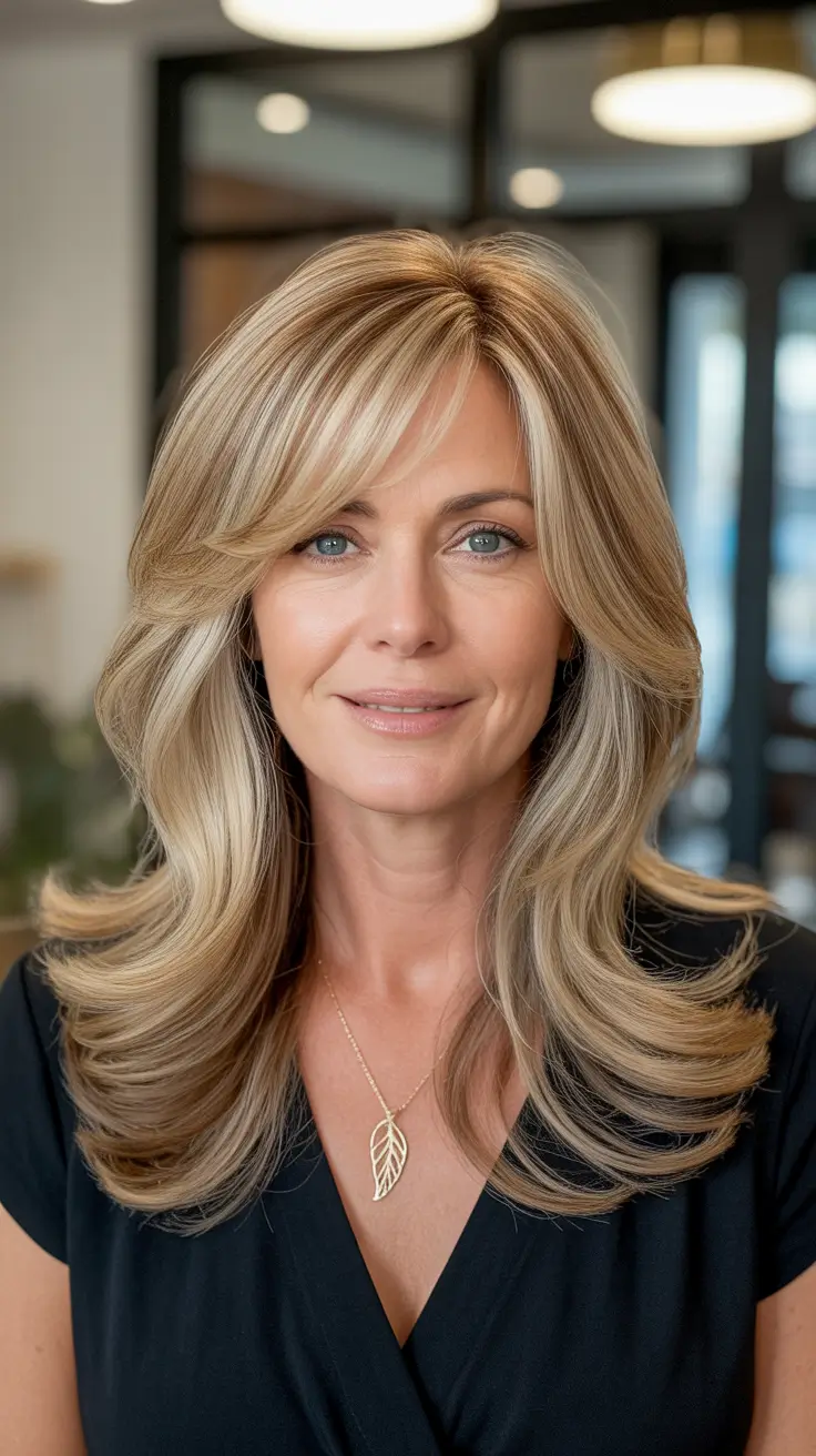 Women over 50 haircut inspiration 2026 Layered Blonde Blowout with Curtain Bangs