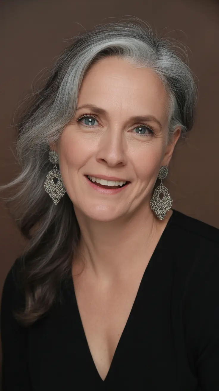 Women over 50 haircut inspiration 2026 Side-Swept Long Layers with Natural Gray Highlights