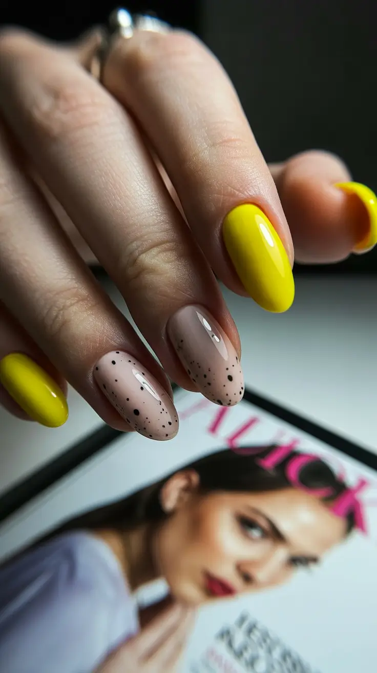 yellow nails – new ideas 2026 Speckled Nude & Lemon Contrast