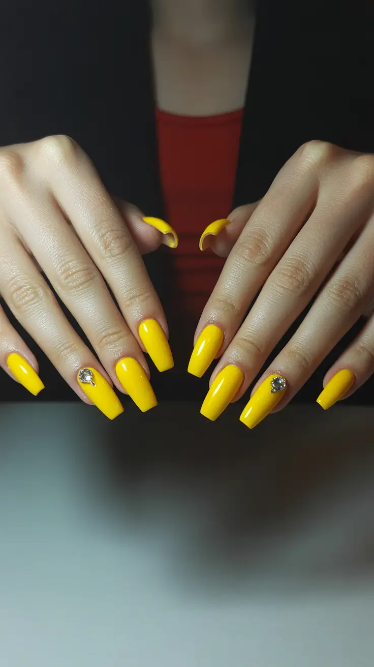 yellow nails – new ideas 2026 Golden Citrus Glam With Crystal Accents