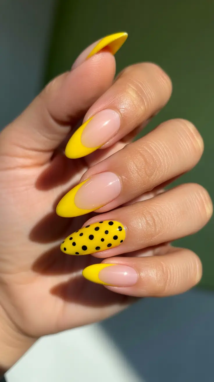 yellow nails – new ideas 2026 Retro Lemon French With playful Black Dots