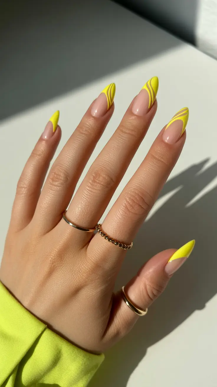 yellow nails – new ideas 2026 Sunbeam Swirls on Almond Tips